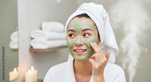 Woman enjoying relaxing spa day with green face mask