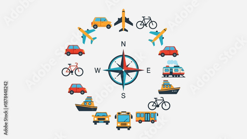 Transportation around the world, compass, travel, navigation, diverse vehicles