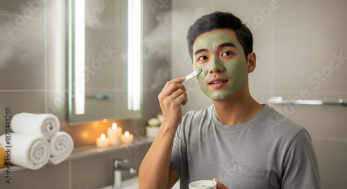 Young man applying green face mask in modern bathroom with steam