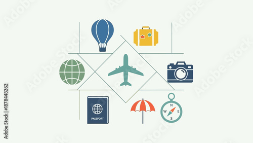 Travel and Vacation Icons Set: Airplane, Passport, Camera, Suitcase, Compass