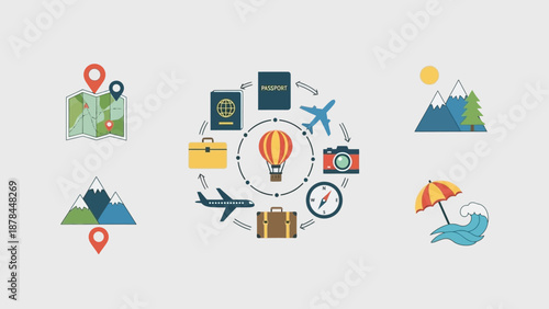 Travel and Tourism Icons: Planning a Vacation Journey Concept