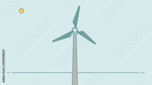 Wind turbine against a clear blue sky with a sun icon