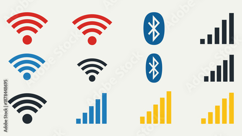 Wireless Signal Icons: WiFi, Bluetooth, and Signal Strength Indicators