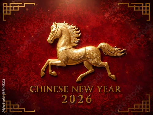 Year of the Horse. Chinese New Year 2026 – Golden Horse Zodiac Symbol on Red Background. 