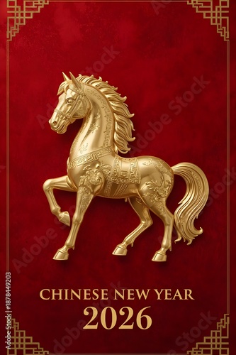Chinese New Year 2026 – Golden Horse Zodiac Symbol on Red Background. 