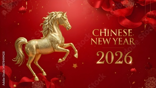 Chinese New Year 2026 – Golden Horse Zodiac Symbol on Red Background. 