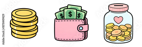 Money finance savings budget wallet coins cash jar pink cute icons convey cheerful money management with simple colorful style for planning