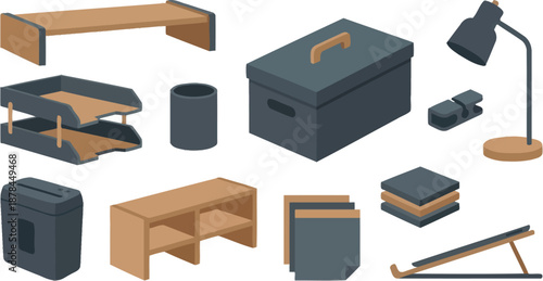 Home office workspace organization tools flat vector pack with monitor riser document tray pen pot filing box desk lamp cable clip paper shredder shelf unit sticky notes and laptop stand in slate