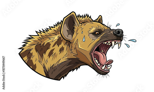 Angry snarling hyena head showing sharp teeth and drooling