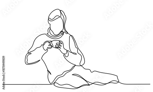 Continuous line Minimalist one-line drawing of a girl sitting, enjoying a cup of coffee or tea. The elegant, continuous line captures a peaceful moment of relaxation.girl drinking tea vector.