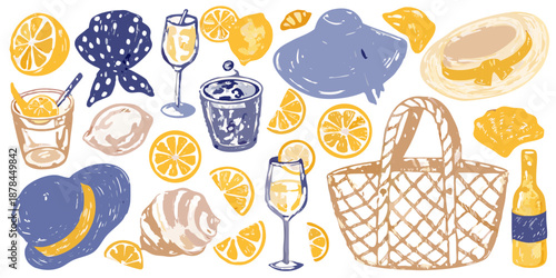 a colorful illustration of a picnic setup with food and drinks