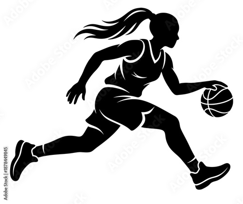 Silhouette of a female basketball player running forward while dribbling the ball during active play.