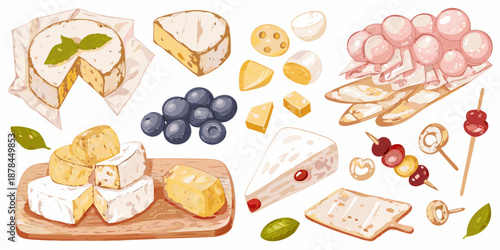 A colorful assortment of cheeses fruits and crackers in a watercolor style
