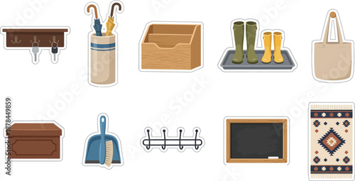 Entryway mudroom organization symbols flat vector pack with key hook rack umbrella stand mail organizer boot tray canvas tote bag storage box dustpan brush coat rack chalkboard and woven rug isolated