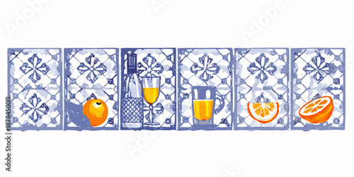 Stylized illustration of citrus fruits and drinks on decorative blue tiles