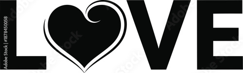 Minimalist black and white graphic design features the word love with an elegant heart shape replacing the letter o