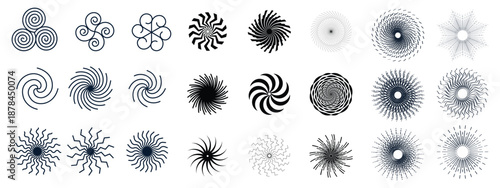Abstract Spiral and Radial Geometric Shapes Set in Black and White Vector
