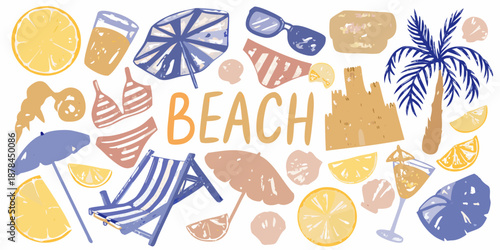 A vibrant summer illustration featuring beach elements like drinks umbrellas and palm trees
