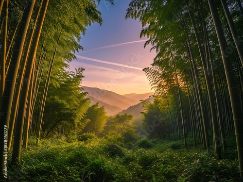 Serene forest landscape with towering trees and a vibrant sunset in the background of a mountainous terrain