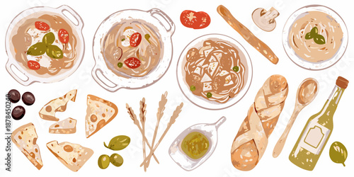 a variety of food items including soup bowls and bread