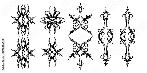 five unique black and white ornate designs on a solid black background