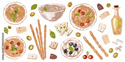 a variety of food items including hummus bowls breadsticks cheese olives and tomatoes