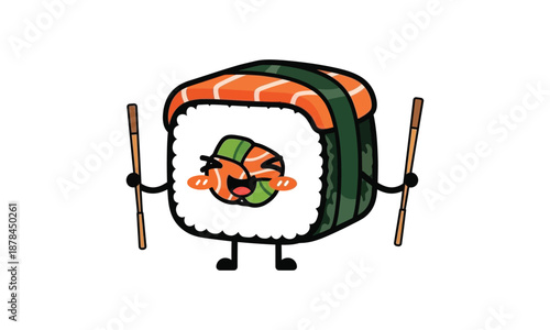 Happy sushi roll cartoon character with chopsticks isolated vector