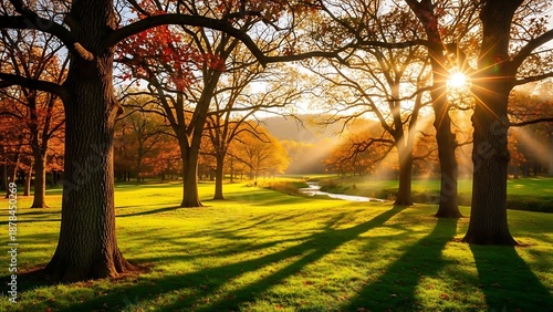 Sunlit autumn park with leafless trees and vibrant green grass