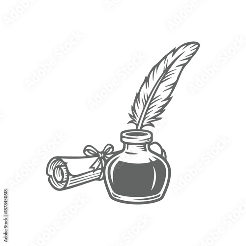 Vintage Quill Pen, Inkwell, and Scroll