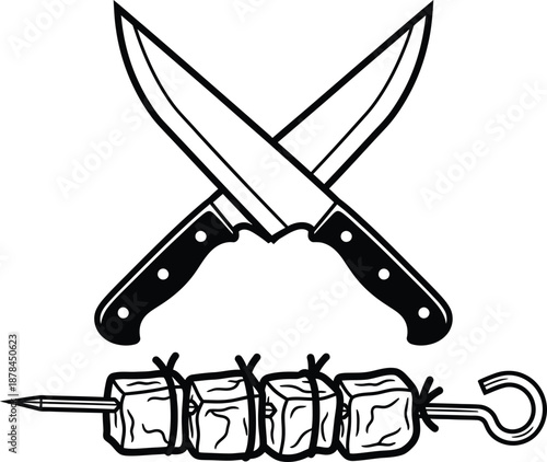 Crossed chef knives and meat skewer illustration for food and cooking themes