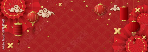 3d various paper lanterns asian style with circle bows, clouds and golden confetti on red background have blank space.