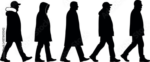 Group of men silhouettes walking in winter coats and hooded jackets set of male figures in profile for urban movement