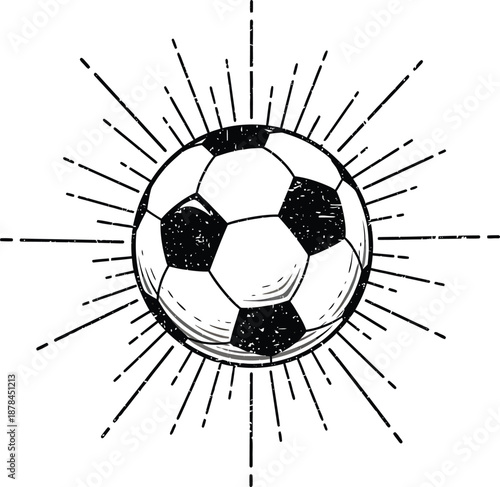 A retro-style drawing of a soccer ball radiating outwards with lines, evoking a vintage sports feel