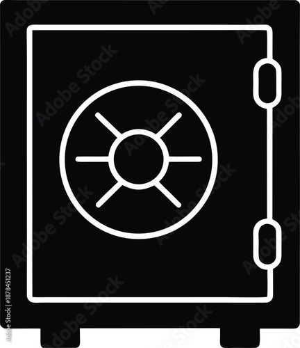Black silhouette of a safe with a white circular dial and handle vector graphic vault security