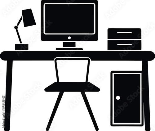 Black silhouette of an office desk with computer lamp chair and filing cabinet monitor