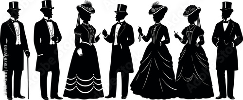 Victorian Era Silhouette Collection Featuring Elegant Men in Top Hats and Women in Vintage Dresses for Historical Period Design Background