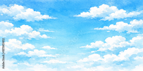 A beautiful bright blue sky filled with fluffy white clouds on a sunny summer day creates a scenic landscape and peaceful atmosphere in the heaven above