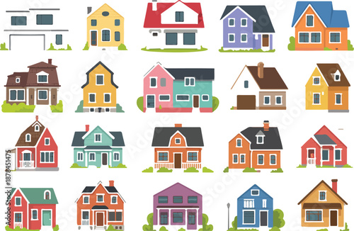 Cute Villa Cartoon Vector Icon Set  Residential Home Illustrations