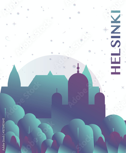 Helsinki, Finland gradient futuristic poster. Vector landmark abstract silhouette graphic for brochure, vertical page, booklet, cover