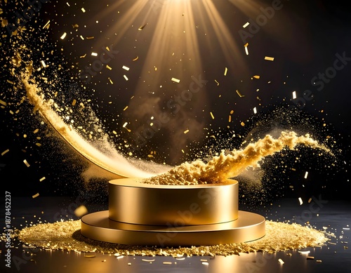 Gold pedestal with confetti and light beams, dark background