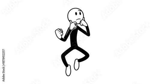 Simple black and white stick figure running and talking on phone.