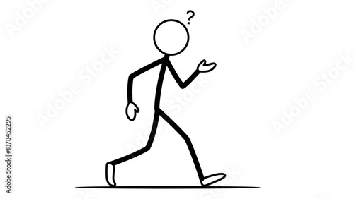 Stick figure walking with a questioning expression and a question mark above its head.