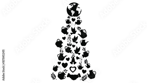 Global harmony and peace symbolized by a cascade of teapots, hearts, and doves flowing from the earth.