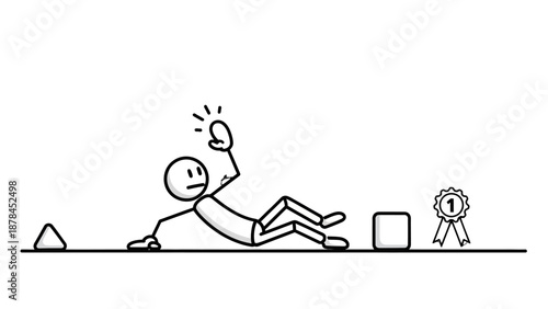 Simple stick figure exercising with dumbbell and medal nearby.