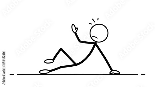 Stick figure sitting on the ground with a gesture of greeting or waving.