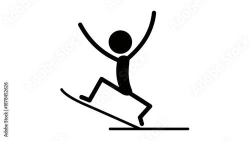 Simple black silhouette of a person snowboarding with arms raised in joy.