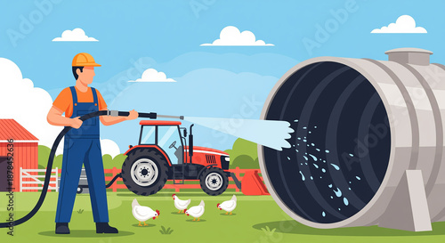 Farmer uses a high-pressure washer to clean a large agricultural tank on a rural farm, with a red tractor, barn, and chickens nearby under a blue sky.