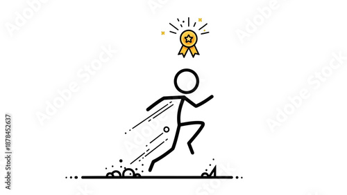 Simple stick figure running towards a golden award ribbon.
