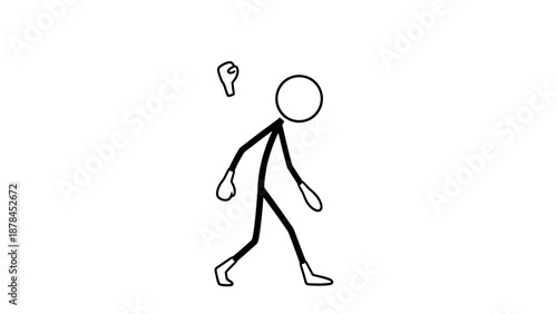 Simple stick figure walking with a puzzled expression.