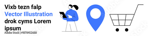 Free Download E-commerce, online shopping, navigation, location services, mobile technology, retail. Person holding tablet, location pin and shopping cart. E-commerce and online shopping concept - GFXLoad